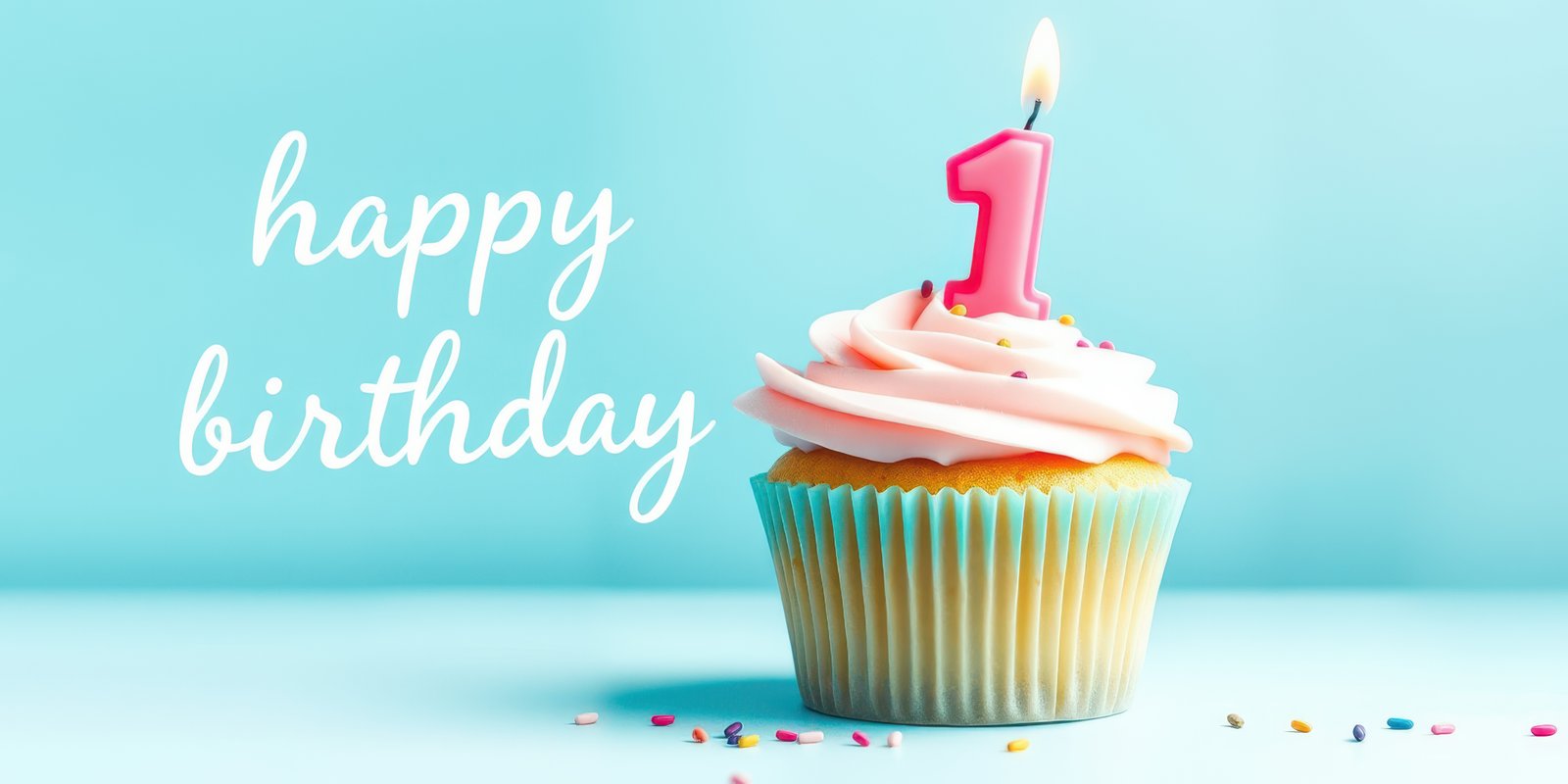 Celebrate a joyful first birthday with a colorful cupcake adorned with a candle and joyful decorations